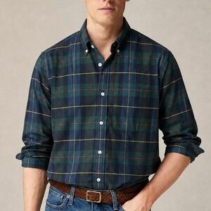 J.Crew Pima 100% Cotton Button Down Oxford Men M Slim Plaid Tartan Green Preppy